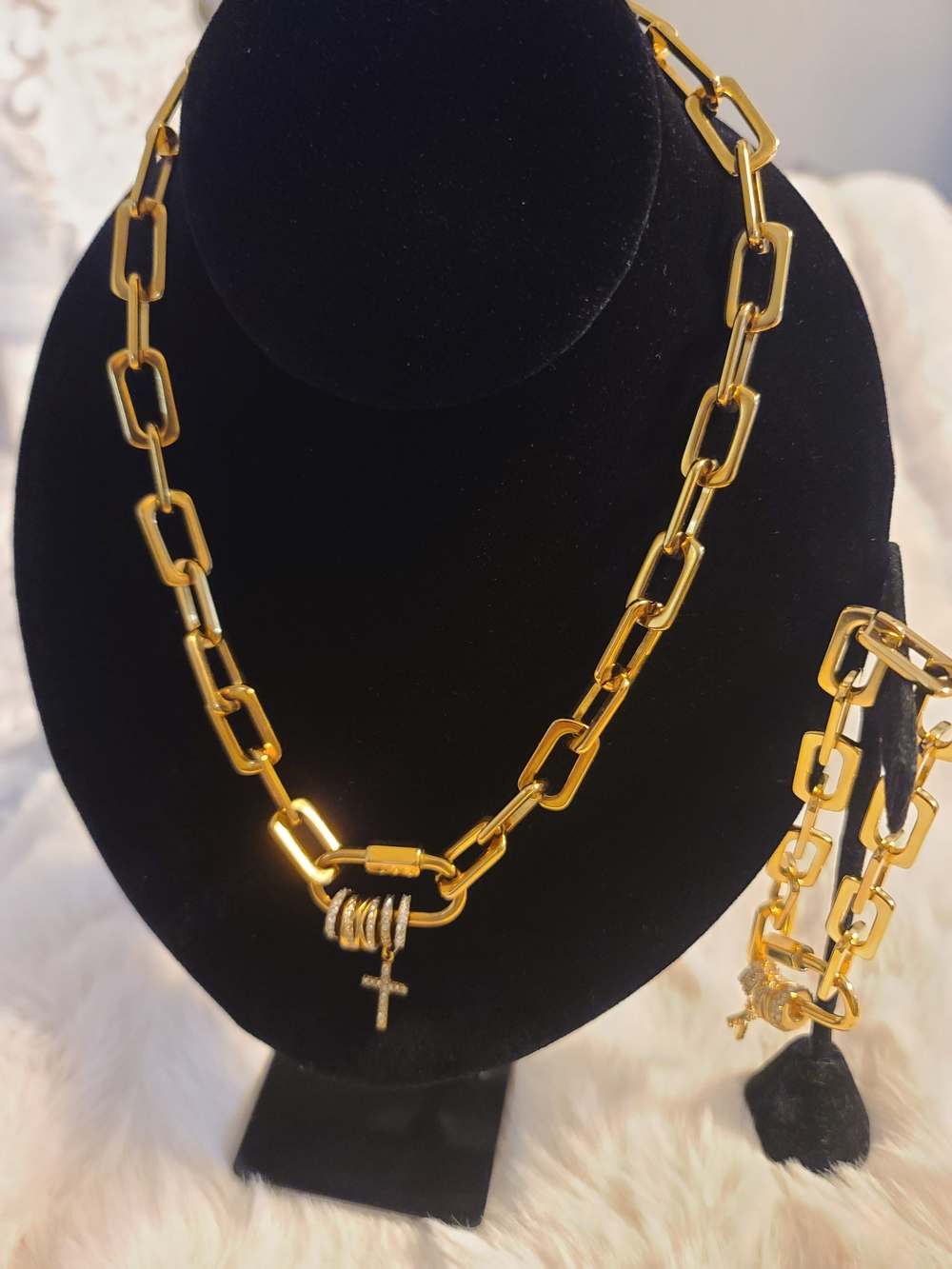 Thick Gold Link Chain Necklace with Cross and Charm Accent Set